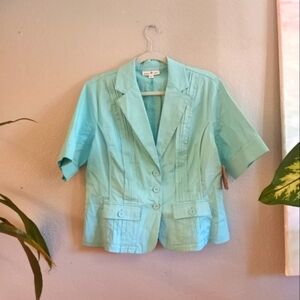 Coldwater Creel Sunwashed Preppy Twill Pastel  Blue Pleated Short Sleeve Jacket